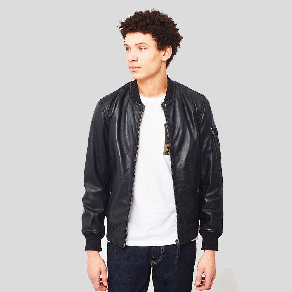 Men's Leon Black Bomber Genuine Leather Jacket | Utility Style | Full Grain Apparel