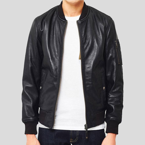 Chaqueta bomber de cuero genuino Leon negra para hombre | Estilo utilitario | Prenda de piel de plena flor