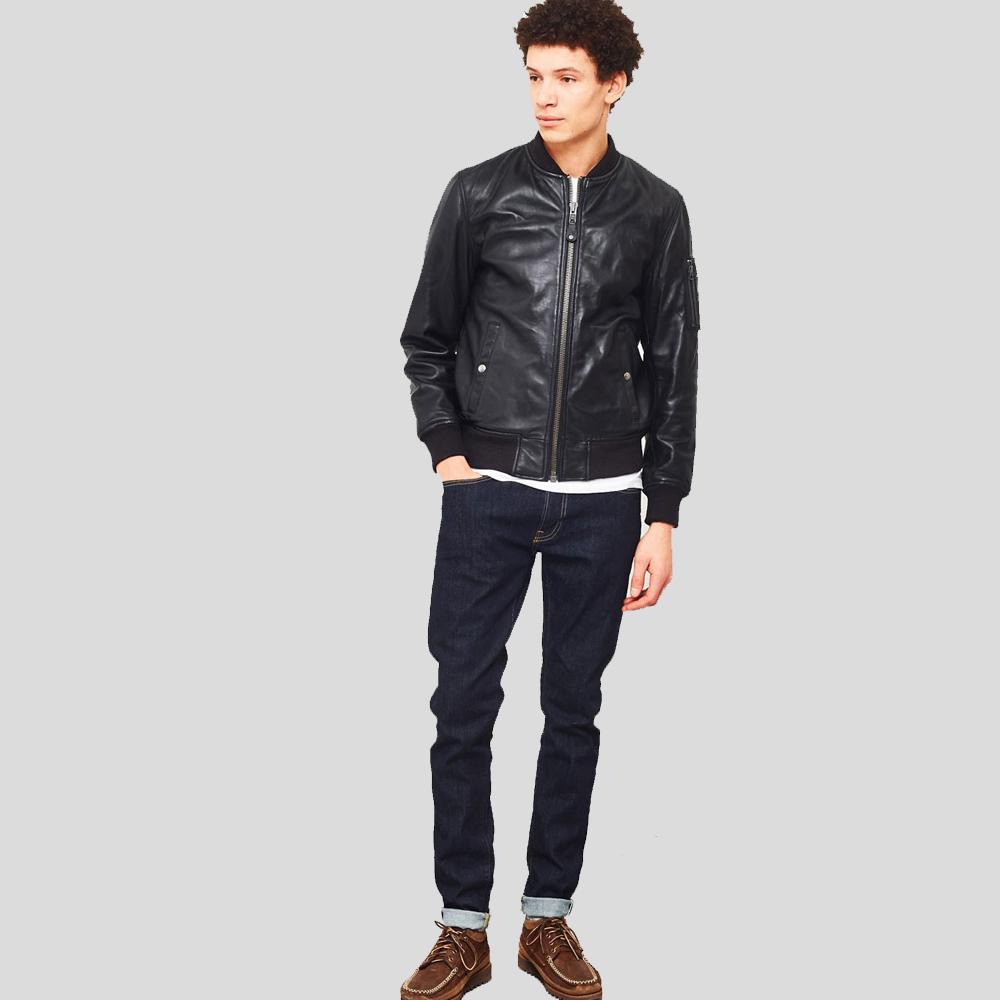 Chaqueta bomber de cuero genuino Leon negra para hombre | Estilo utilitario | Prenda de piel de plena flor