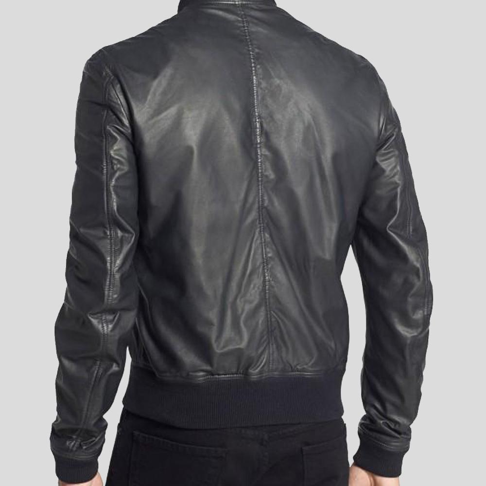 Men's Lymo Black Bomber Leather Jacket | Snap Button Pockets | Full Grain Apparel