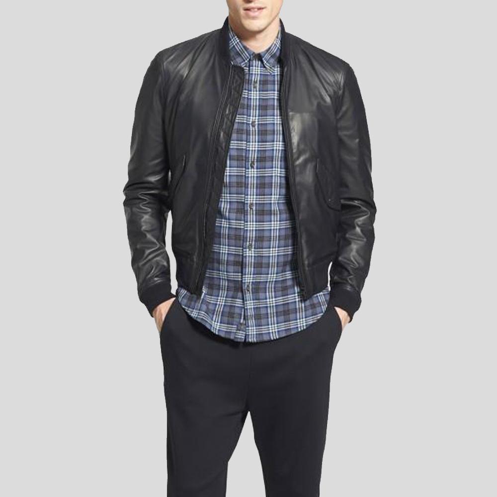 Men's Lymo Black Bomber Leather Jacket | Snap Button Pockets | Full Grain Apparel