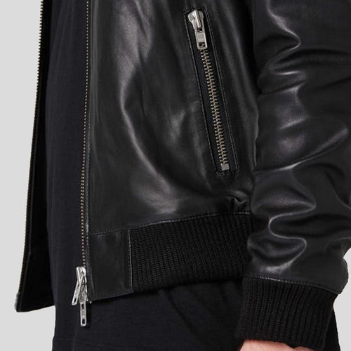 Chaqueta bomber de cuero negra Luke para hombre | Piel de cordero genuina | Prenda de grano completo