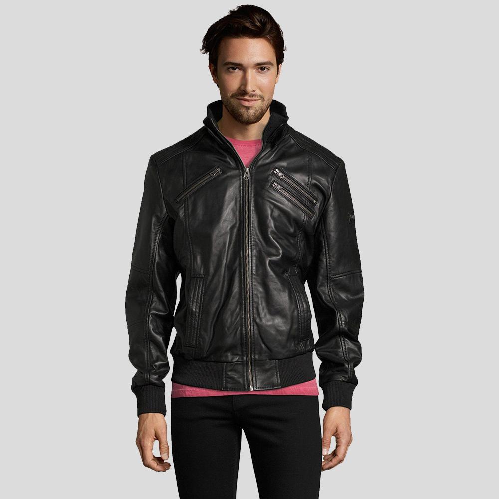 Men's Mike Black Bomber Leather Jacket | Snap Collar Style | Full Grain Apparel
