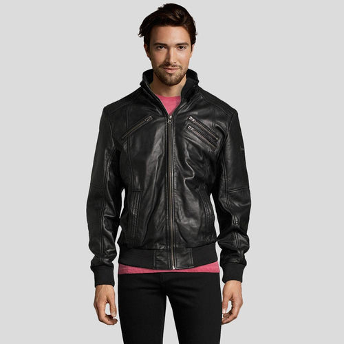 Men's Mike Black Bomber Leather Jacket | Snap Collar Style | Full Grain Apparel