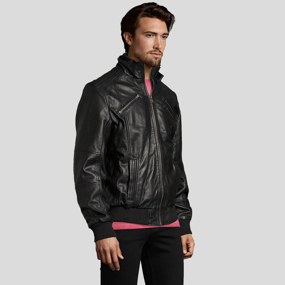 Men's Mike Black Bomber Leather Jacket | Snap Collar Style | Full Grain Apparel