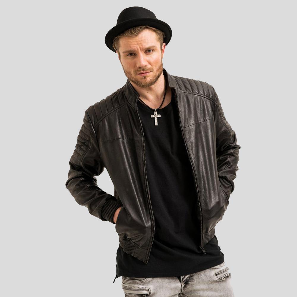 Men's Mosh Black Bomber Leather Jacket | Short Collar Style | Full Grain Apparel