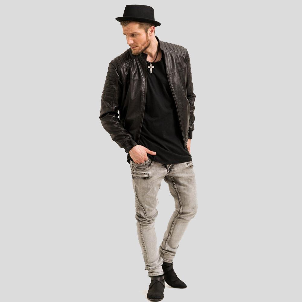 Chaqueta de cuero bomber negra Mosh para hombre | Estilo cuello corto | Prenda de cuero de plena flor