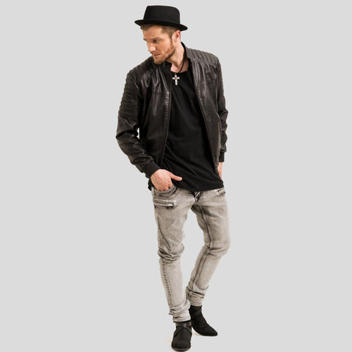 Chaqueta de cuero bomber negra Mosh para hombre | Estilo cuello corto | Prenda de cuero de plena flor