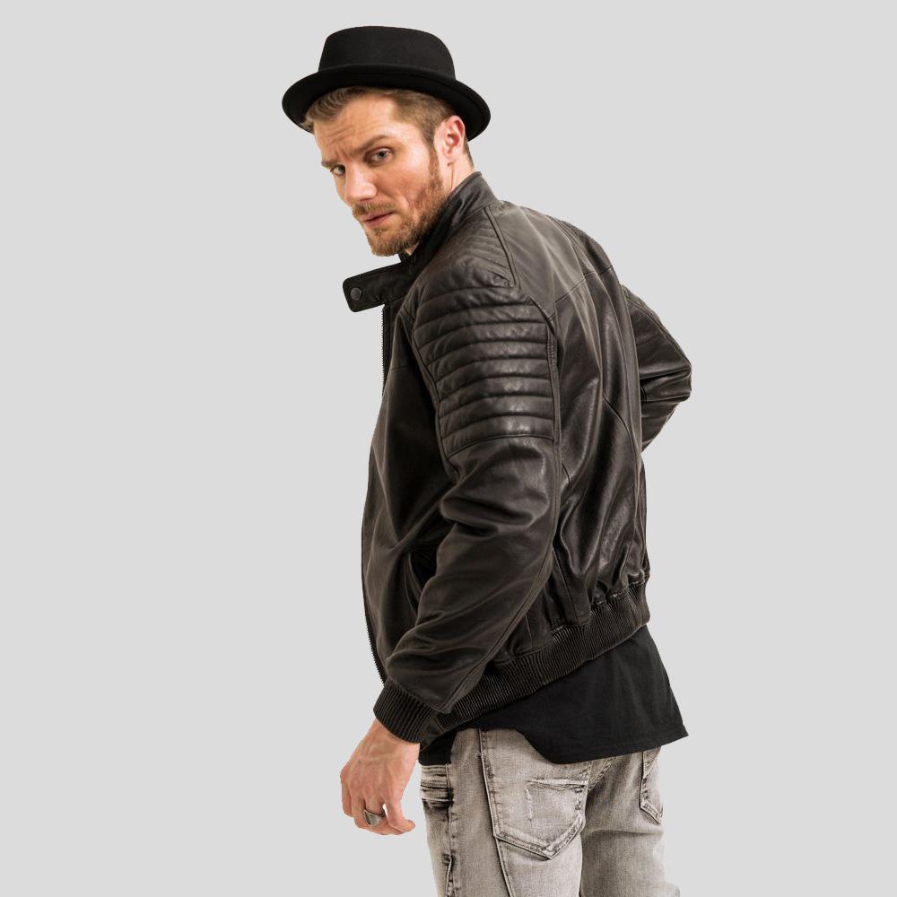 Men's Mosh Black Bomber Leather Jacket | Short Collar Style | Full Grain Apparel
