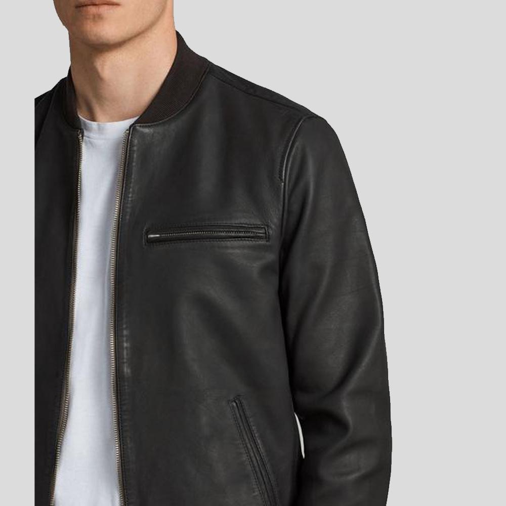 Chaqueta bomber de piel negra Porf para hombre | Piel de cordero genuina | Prenda de grano completo