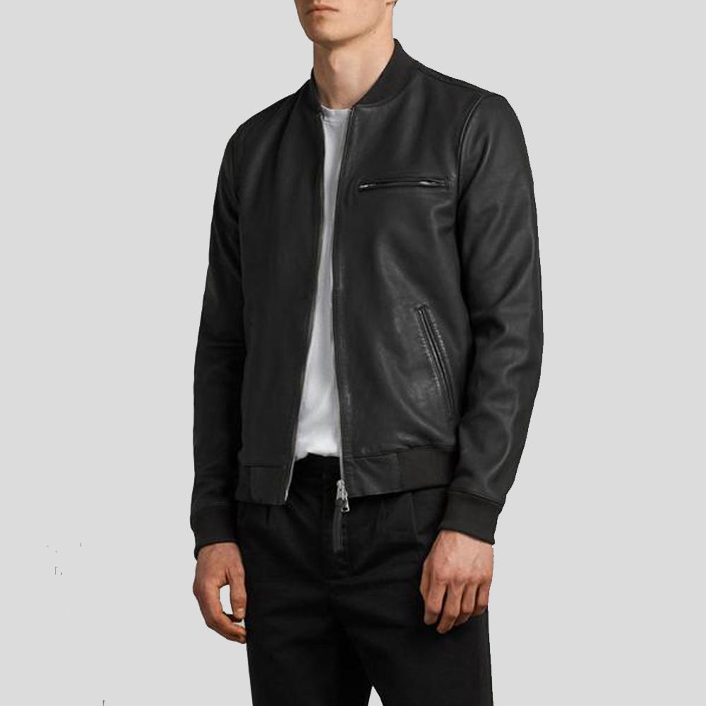 Chaqueta bomber de piel negra Porf para hombre | Piel de cordero genuina | Prenda de grano completo