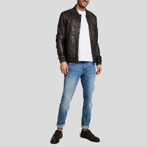 Men's Quint Black Bomber Leather Jacket | Genuine Lambskin | Full Grain Apparel