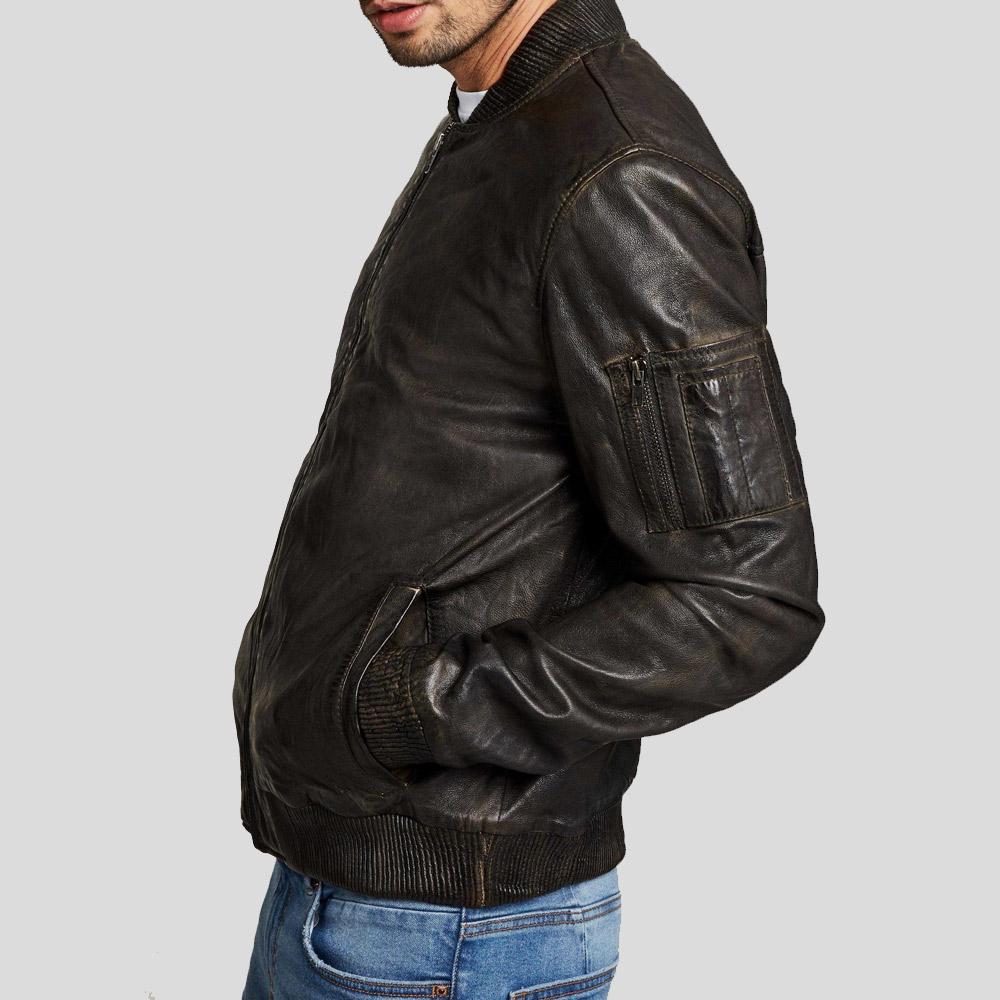 Men's Quint Black Bomber Leather Jacket | Genuine Lambskin | Full Grain Apparel