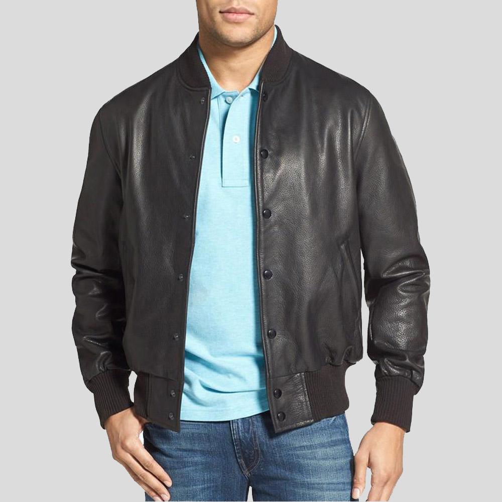 Men's Rico Black Bomber Leather Jacket | Button-Down Style | Full Grain Apparel