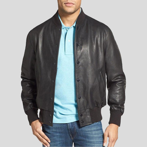 Men's Rico Black Bomber Leather Jacket | Button-Down Style | Full Grain Apparel