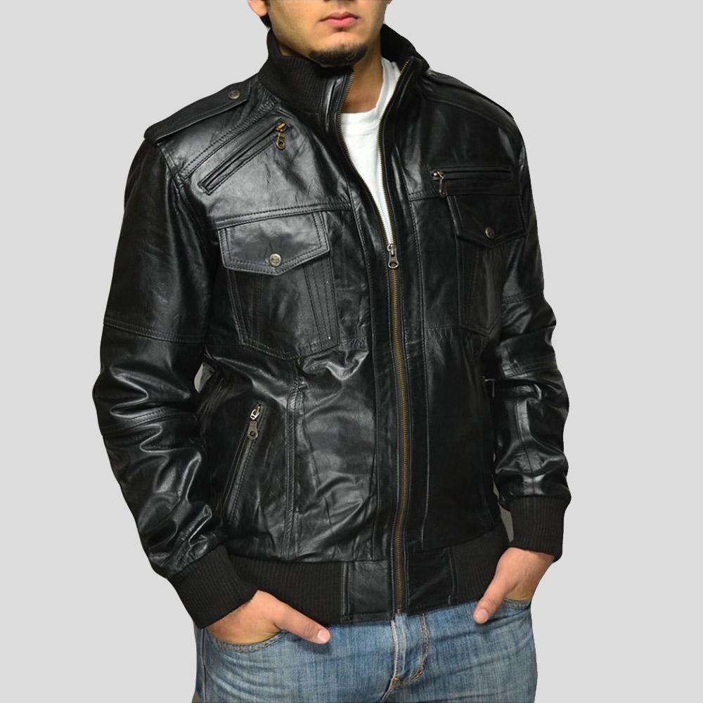 Men's Sang Black Bomber Leather Jacket | Military Style | Full Grain Apparel