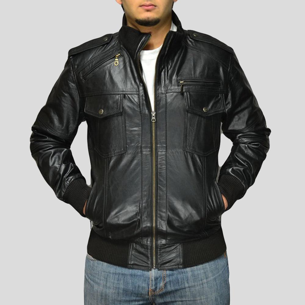 Men's Sang Black Bomber Leather Jacket | Military Style | Full Grain Apparel
