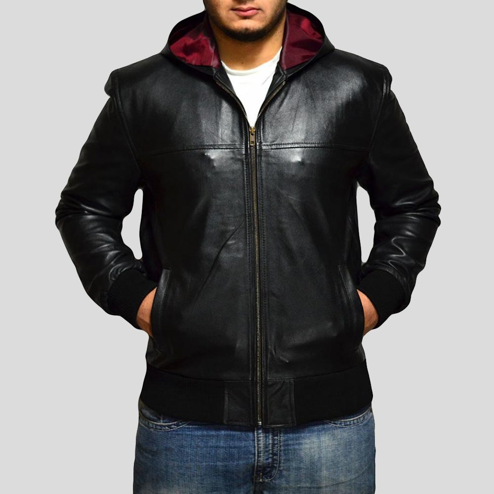 Men's Shane Black Hooded Bomber Leather Jacket | Streetwear Style | Full Grain Apparel