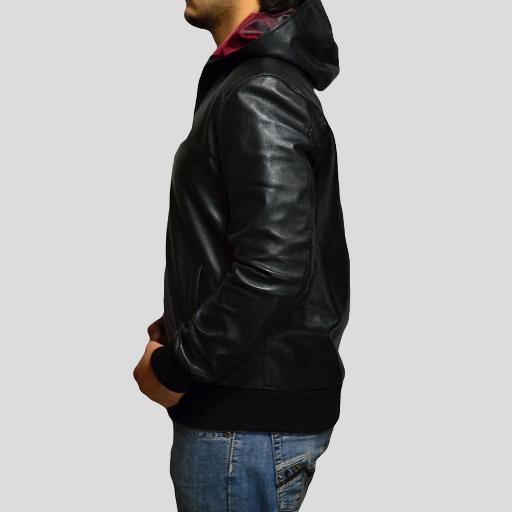 Chaqueta Bomber de Cuero Shane Negra con Capucha para Hombre | Estilo Urbano | Prenda de Piel de Grano Completo