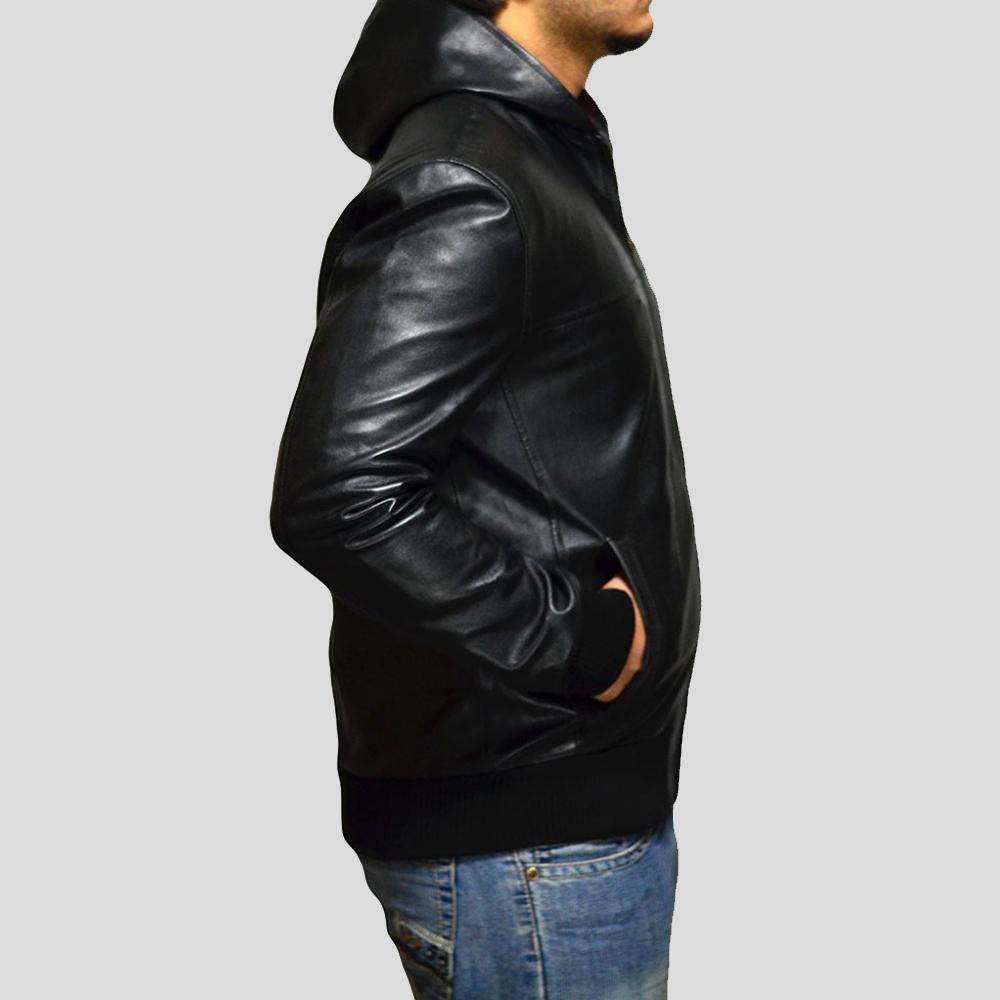 Chaqueta Bomber de Cuero Shane Negra con Capucha para Hombre | Estilo Urbano | Prenda de Piel de Grano Completo