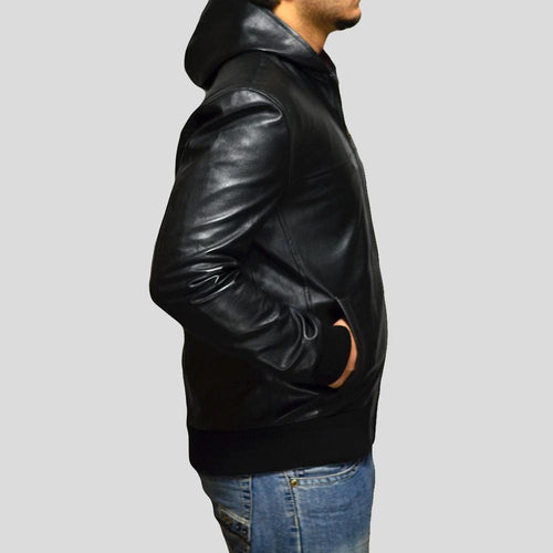 Chaqueta Bomber de Cuero Shane Negra con Capucha para Hombre | Estilo Urbano | Prenda de Piel de Grano Completo