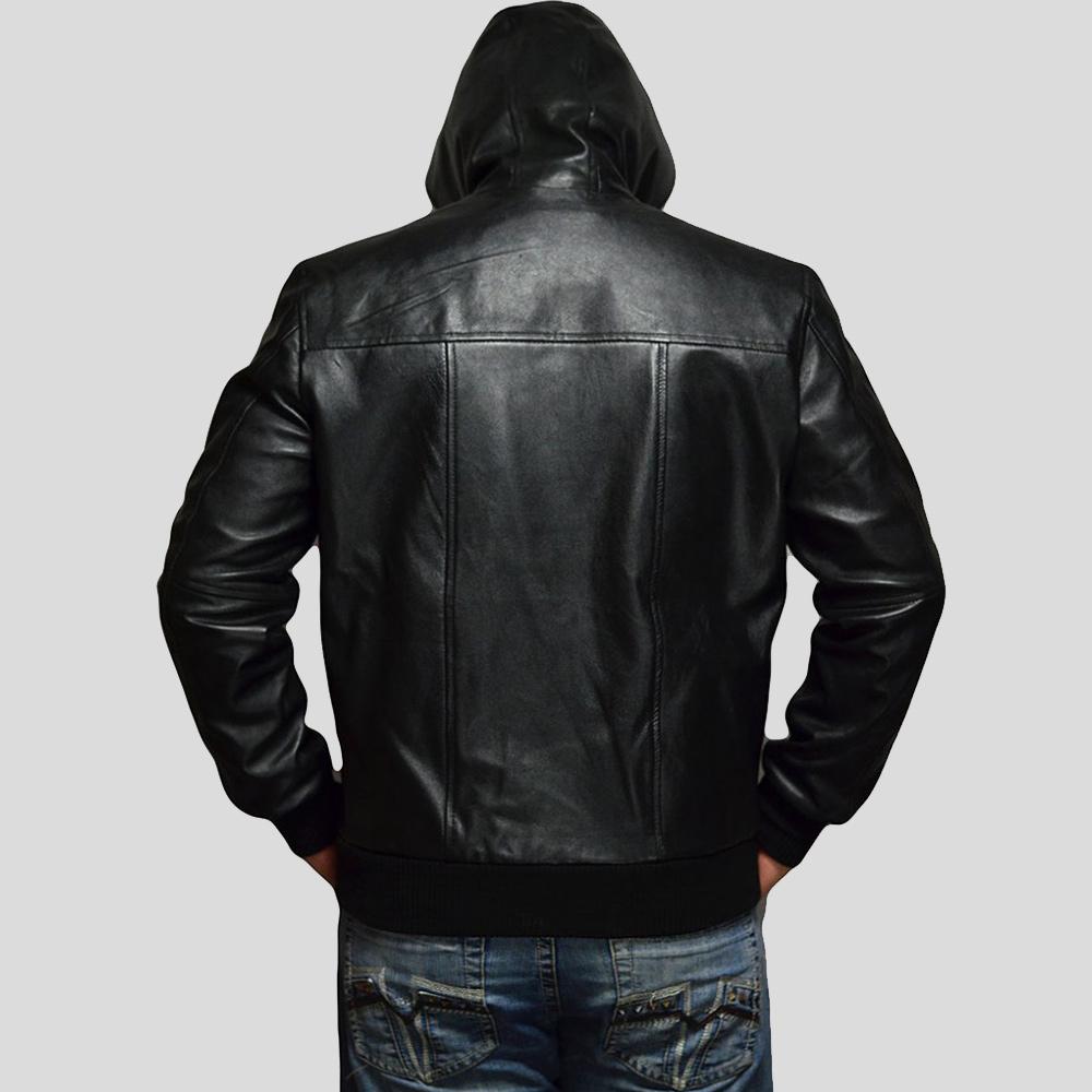 Chaqueta Bomber de Cuero Shane Negra con Capucha para Hombre | Estilo Urbano | Prenda de Piel de Grano Completo