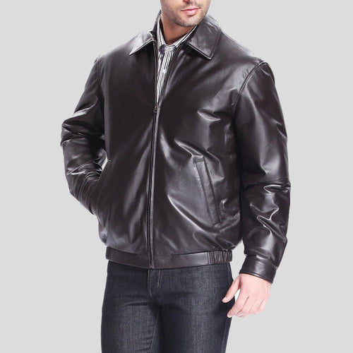 Men's Shaw Black Bomber Leather Jacket | Shirt Collar & Snap Cuffs | Full Grain Apparel