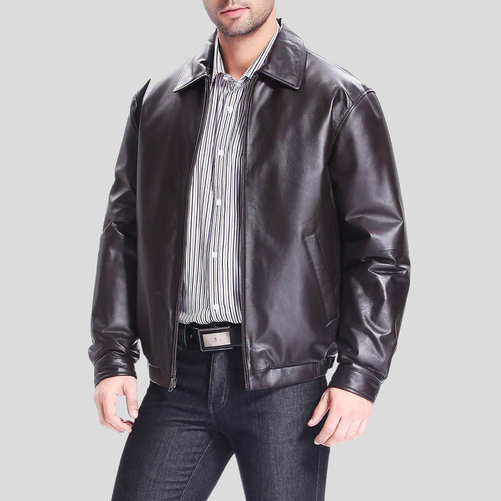 Men's Shaw Black Bomber Leather Jacket | Shirt Collar & Snap Cuffs | Full Grain Apparel