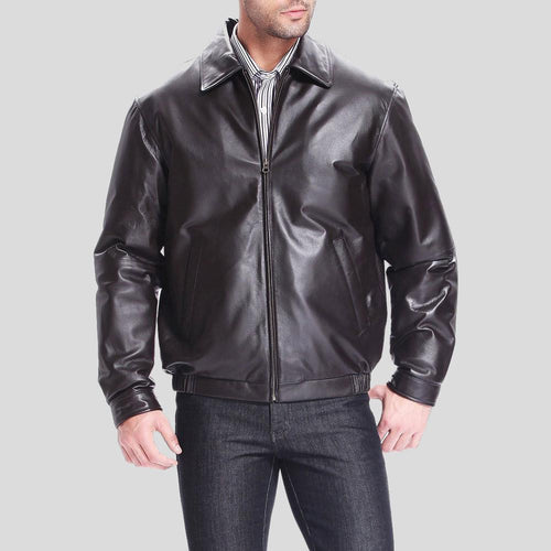 Chaqueta de cuero bomber negra Shaw para hombre | Cuello camisero y puños con broches | Prenda de piel plena flor