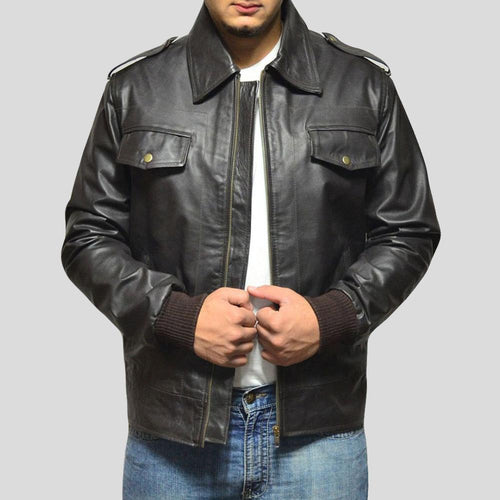 Men's Willy Black Bomber Leather Jacket | Four Pocket Utility | Full Grain Apparel