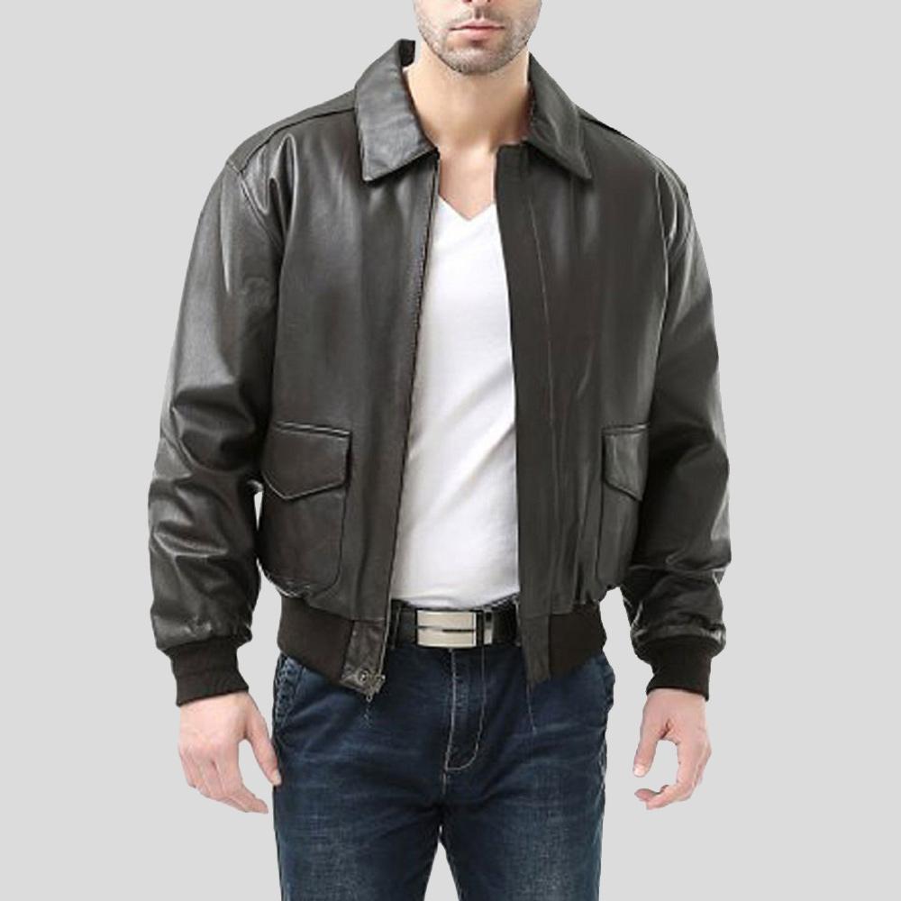 Men's Wilt Black Bomber Leather Jacket | Shirt Collar Style | Full Grain Apparel