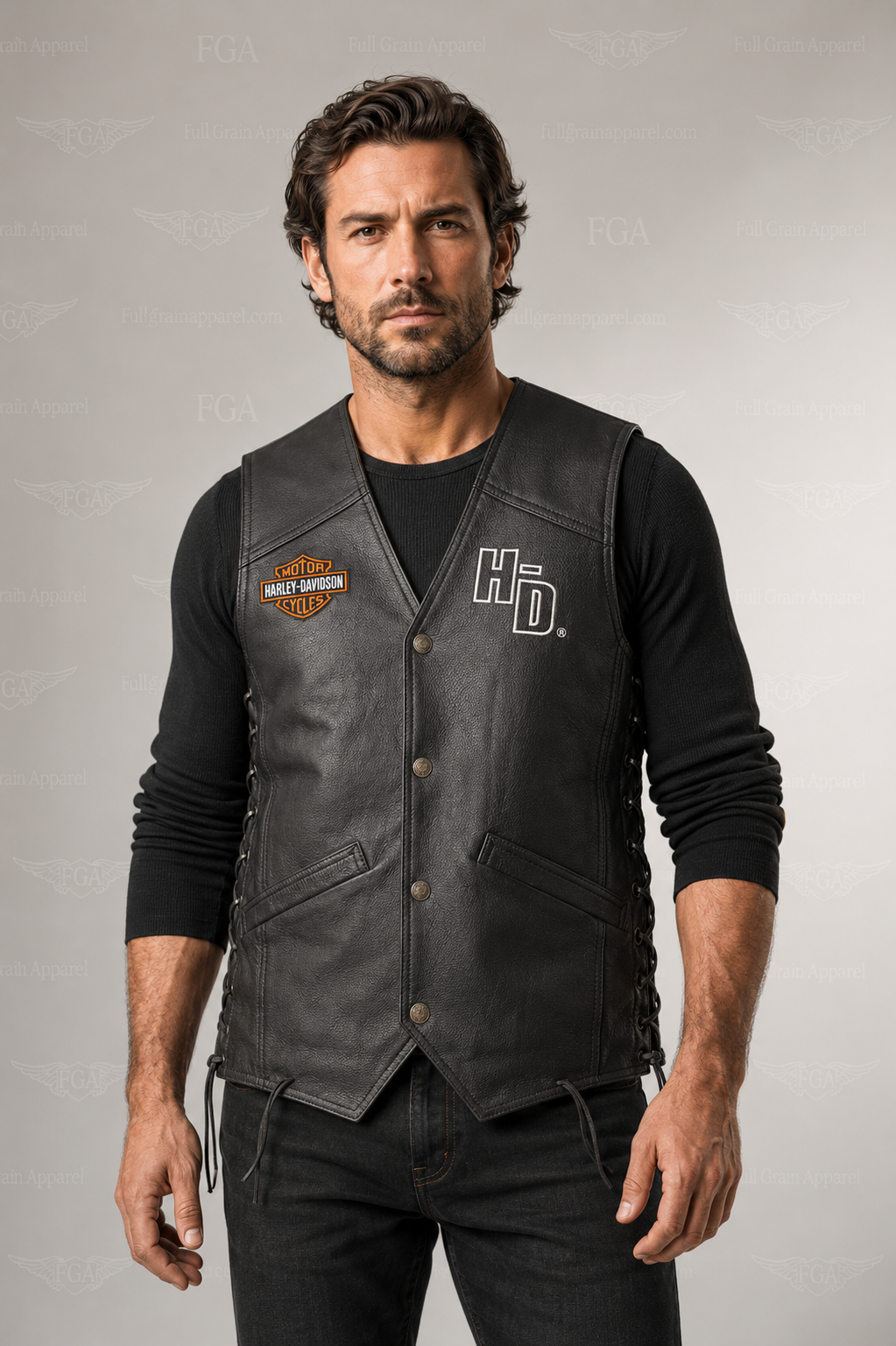 Black Harley-Davidson leather biker vest front view