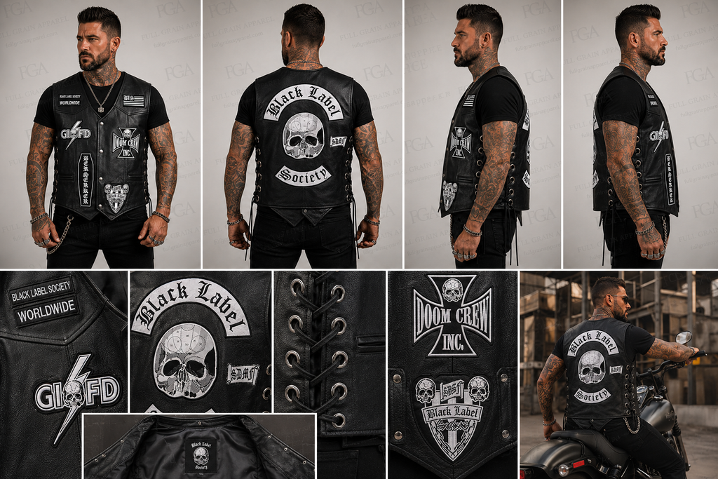 Black Label Society leather motorcycle cut front back side and patch details