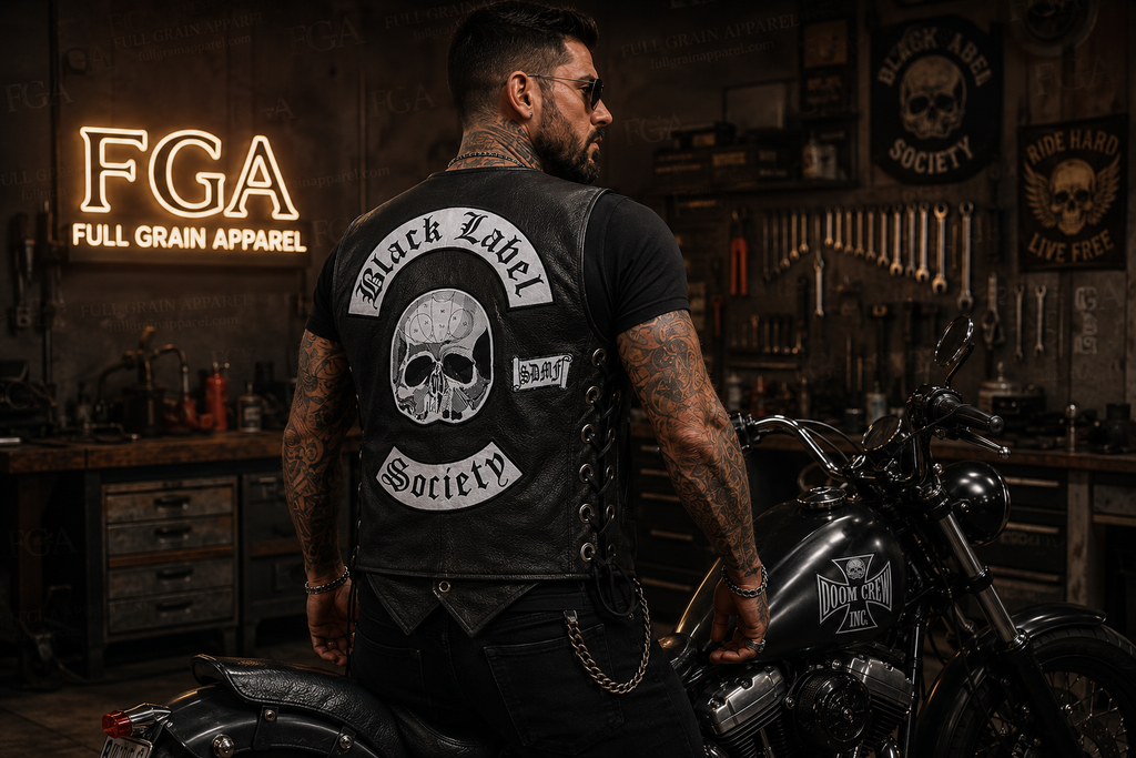 Black Label Society motorcycle leather vest beside custom motorcycle