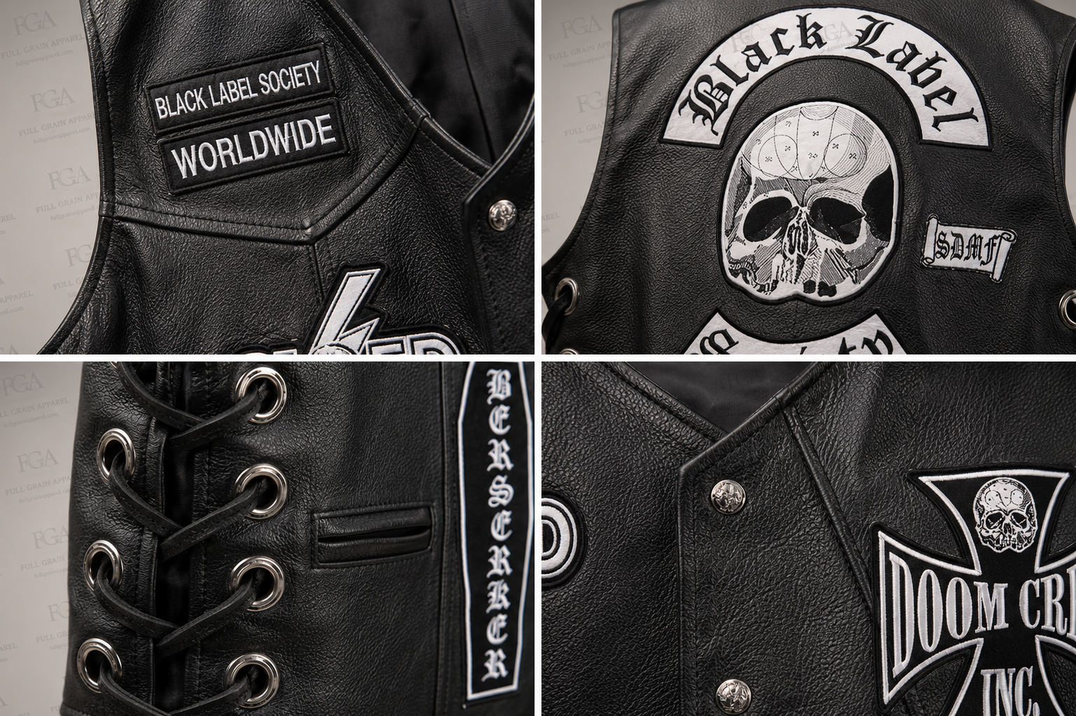 Black leather biker vest patchwork stitching and lace-up side details