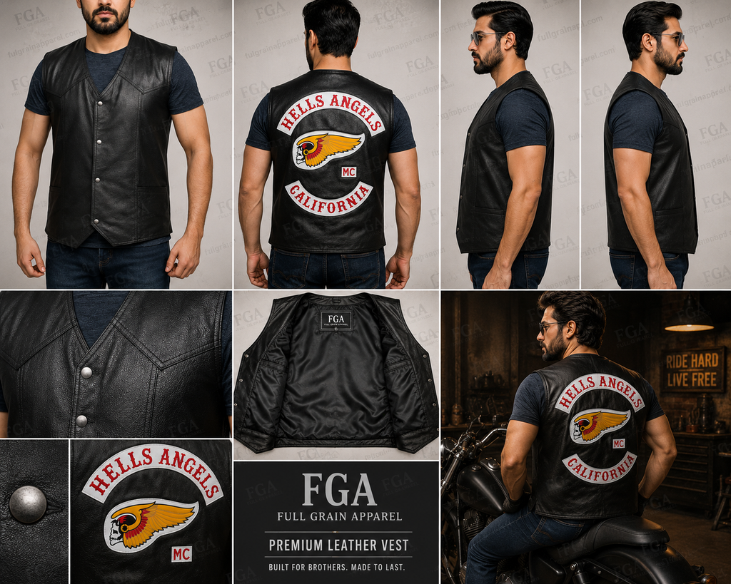 Black leather vest for men front back side lining and patch details