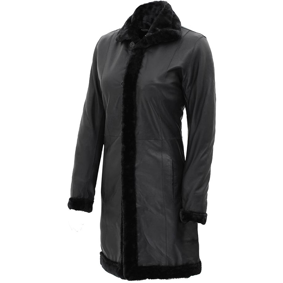 Women’s Black Lambskin Shearling Leather Coat | 3/4 Length | Full Grain Apparel