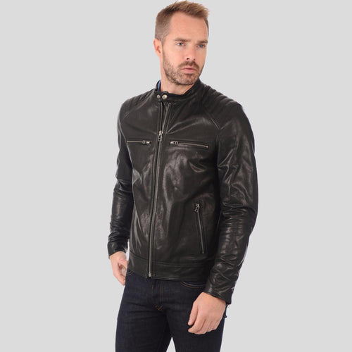 Chaqueta de cuero de motociclista Noah negra para hombre | Prenda de cuero plena flor