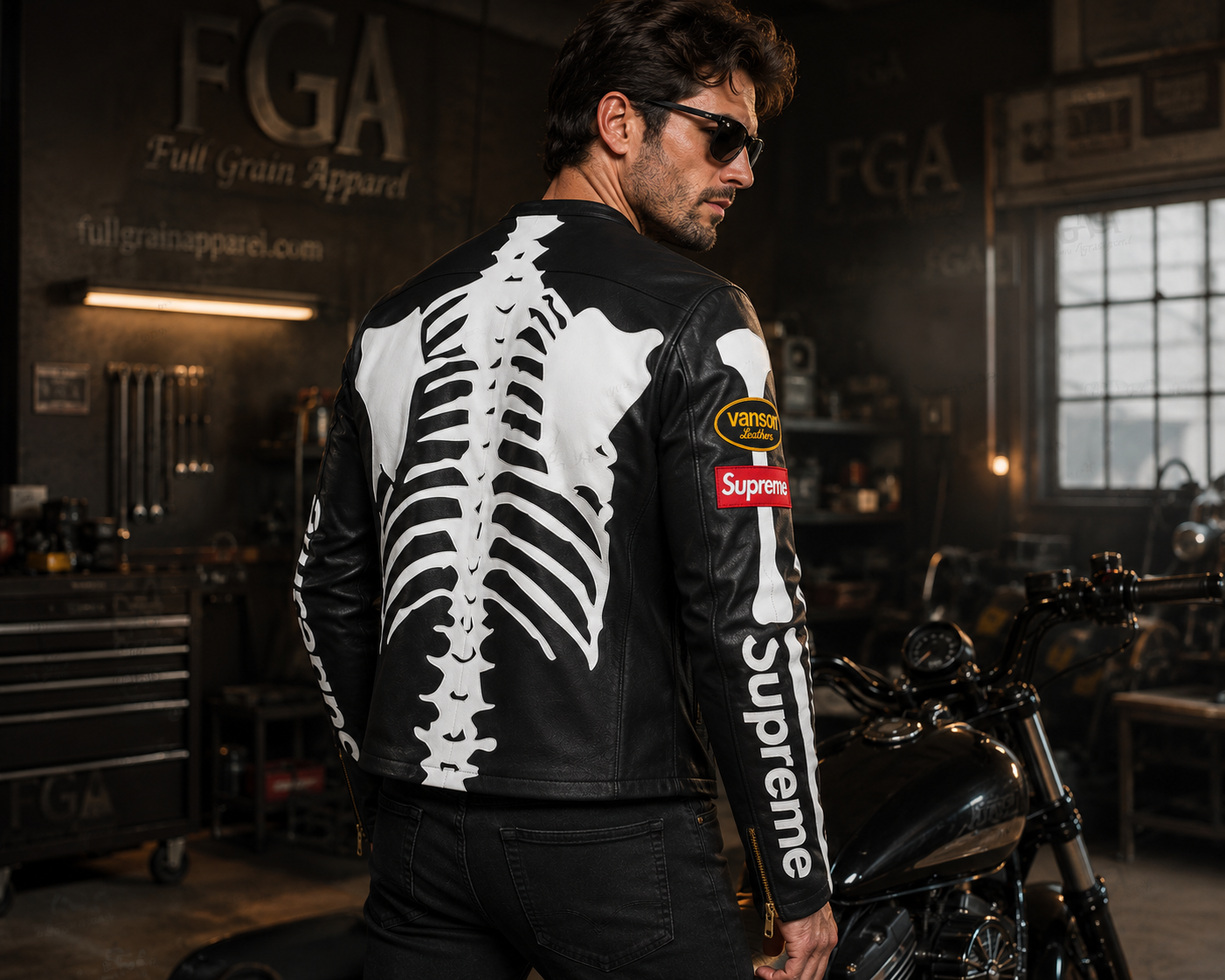 Black skeleton biker leather jacket beside a motorcycle