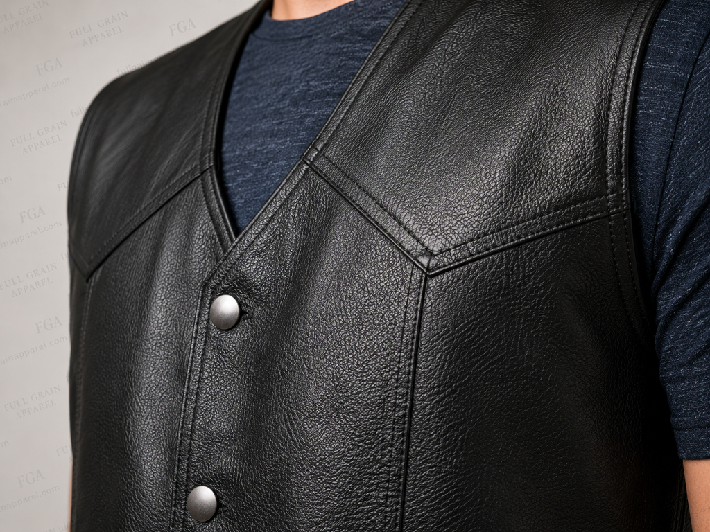 Black sleeveless leather vest snap button and stitching detail