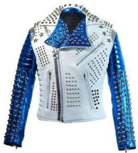 Men’s Blue & White Studded Fashion Jacket | Stylish Punk Rider | Full Grain Apparel