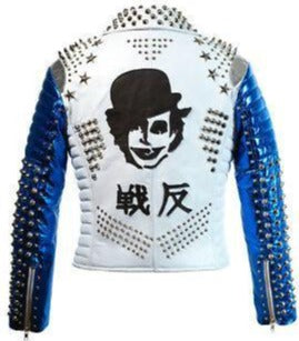 Men’s Blue & White Studded Fashion Jacket | Stylish Punk Rider | Full Grain Apparel