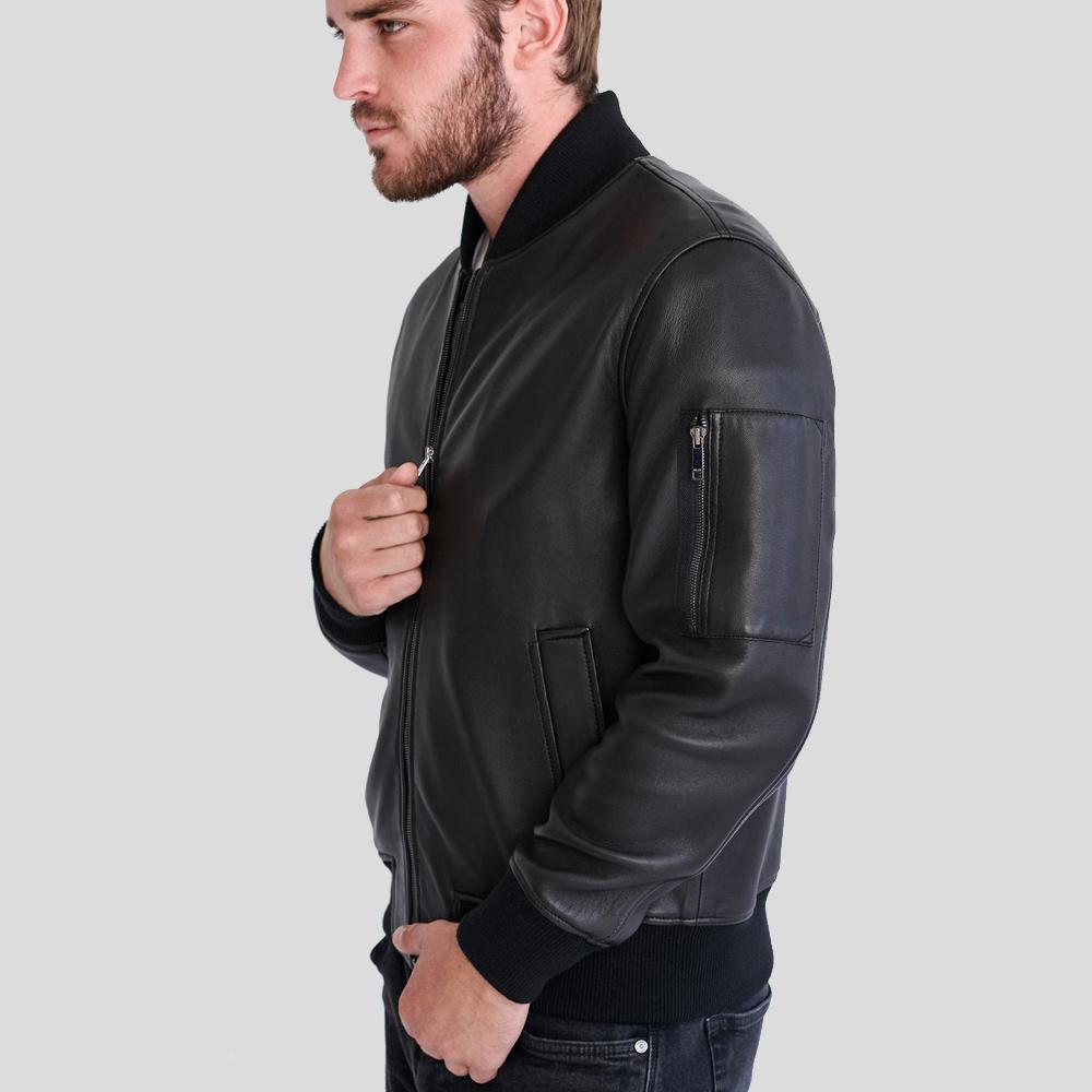 Chaqueta de cuero de cordero negra bomber Clark para hombre | Prendas de piel de plena flor