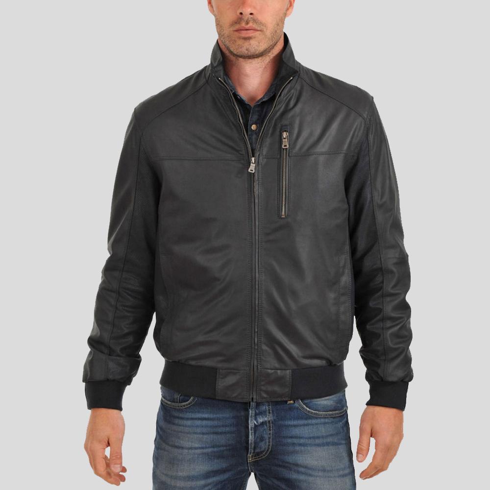 Men's Cole Black Bomber Leather Jacket | High Neck Style | Full Grain Apparel