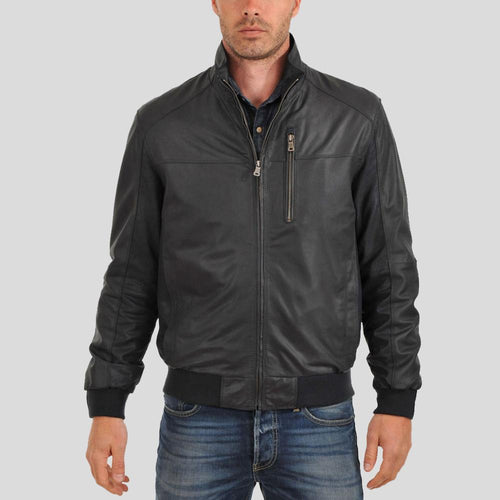 Men's Cole Black Bomber Leather Jacket | High Neck Style | Full Grain Apparel