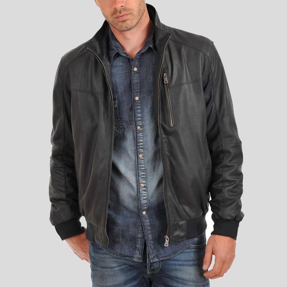 Chaqueta bomber de cuero Cole negra para hombre | Cuello alto | Confección de plena flor