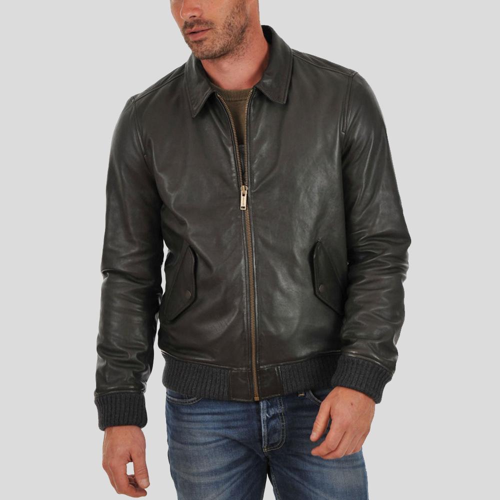 Men's Ioan Black Bomber Leather Jacket | Shirt Collar Design | Full Grain Apparel