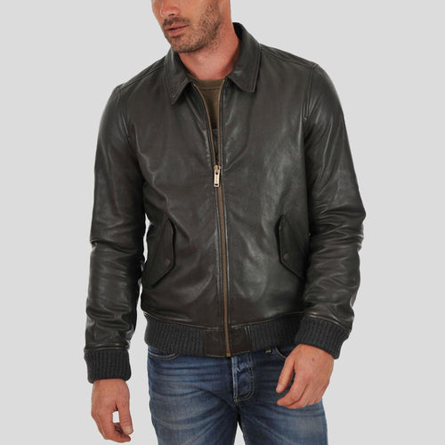 Men's Ioan Black Bomber Leather Jacket | Shirt Collar Design | Full Grain Apparel