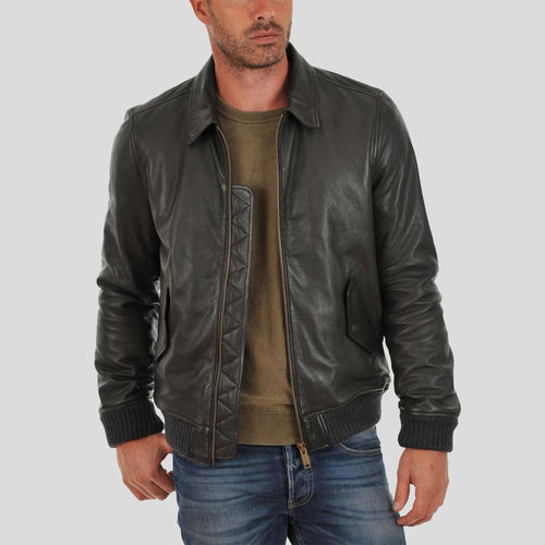 Chaqueta bomber de cuero negra para hombre Ioan | Diseño de cuello de camisa | Prenda de cuero de plena flor