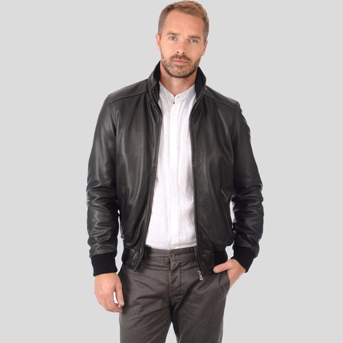 Men's Kian Black Bomber Leather Jacket | High Neck Style | Full Grain Apparel